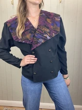 Vintage 80s Size M 10-12 Black Oversized Collar Lapel Blouse Top Berkertex