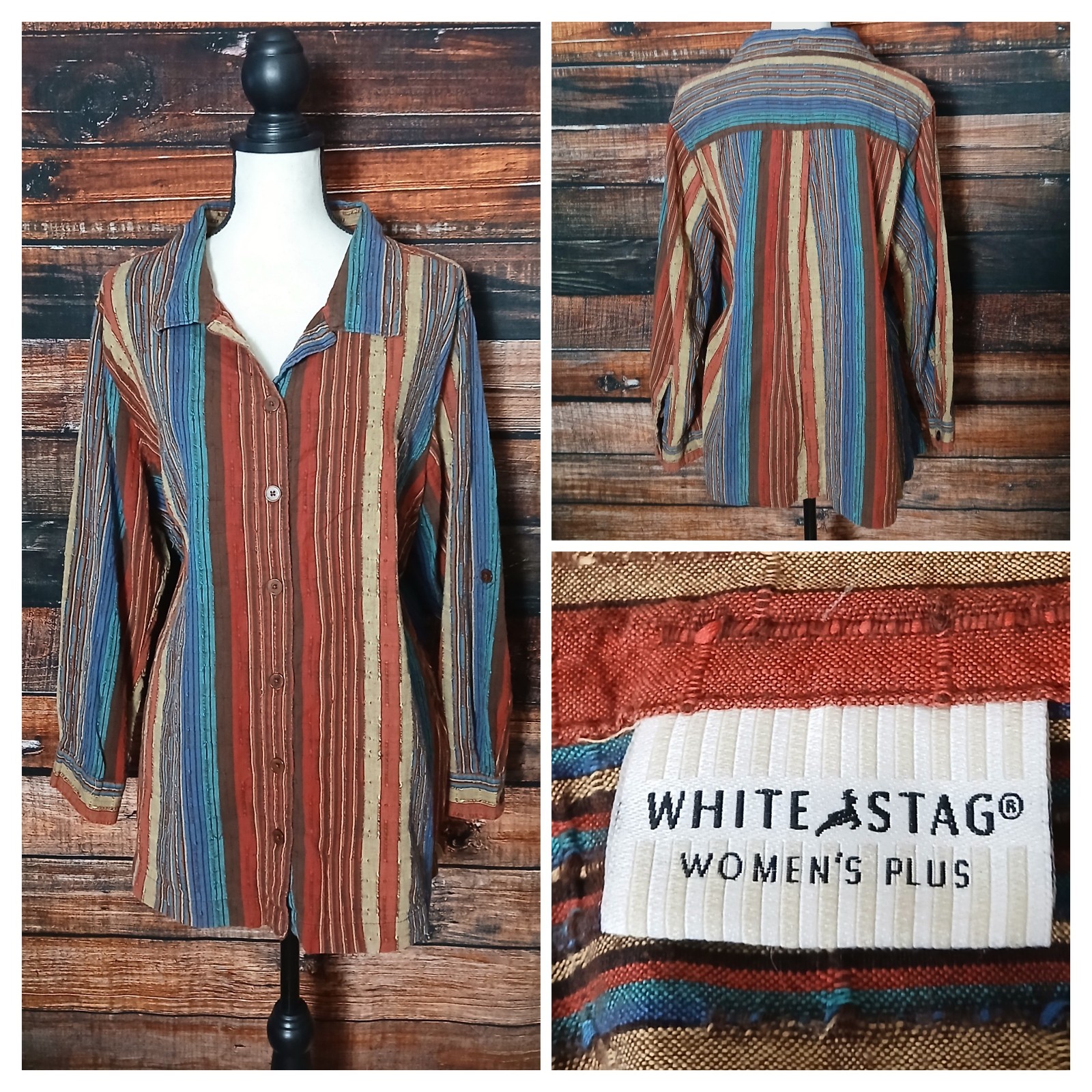 White Stag Top Plus Size 18W 20W Bohemian Textured Cotton Button Front Vintage 