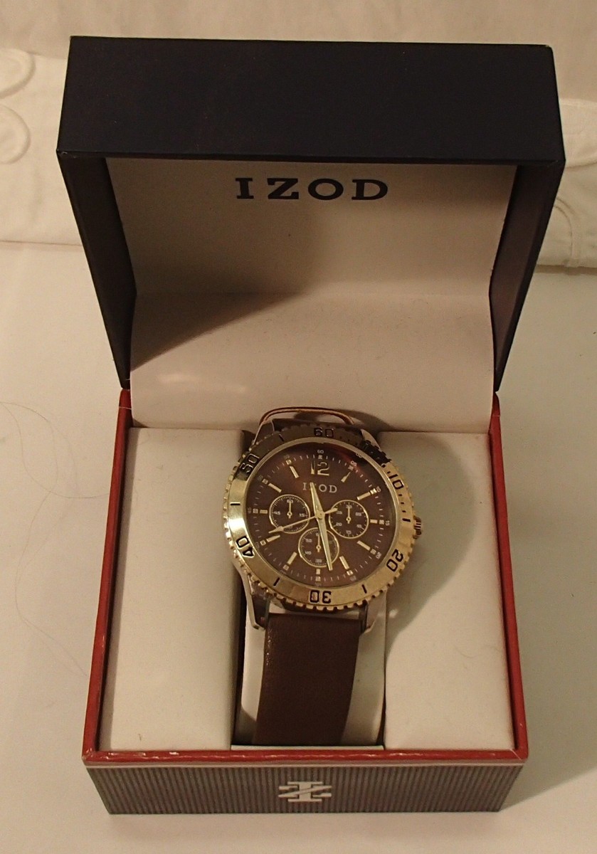 IZOD Mens Wrist Watch IZO8095 Brown Leather Strap Red Face w/box