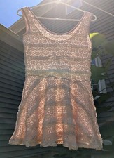Pink Lace Fit Flare Sheer Floral Tank Top Size Medium Coquette Fairy Ruffle