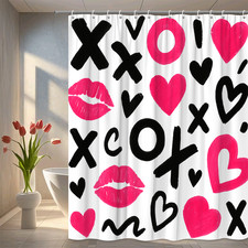 Cute Pink and Black Shower Curtain with Hearts and Lips Design