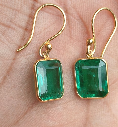 14k Solid Gold Lab-Created Colombian Emerald Gemstone Handmade Beautiful Earring - Picture 2 of 5