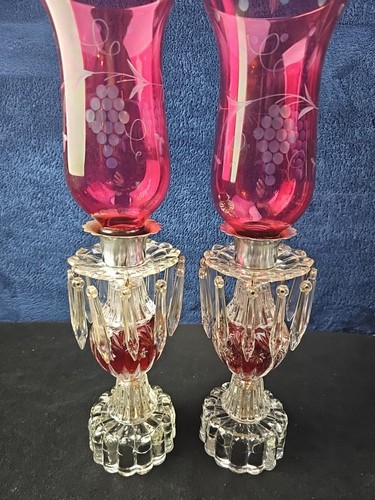 Pair VINTAGE Red Cranberry Hurricane Table Lamps Etched Globes Prisms Elegant - Picture 5 of 11