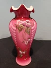 FENTON LARGE LIMITED PINK & WHITE INLAYED PLEATED VASE w BERRIES