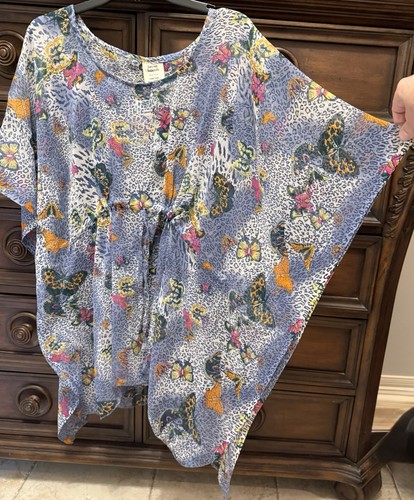 Seven Islands New York swimsuit coverup sheer blouse dolman sleeves Butterflies - Picture 2 of 4