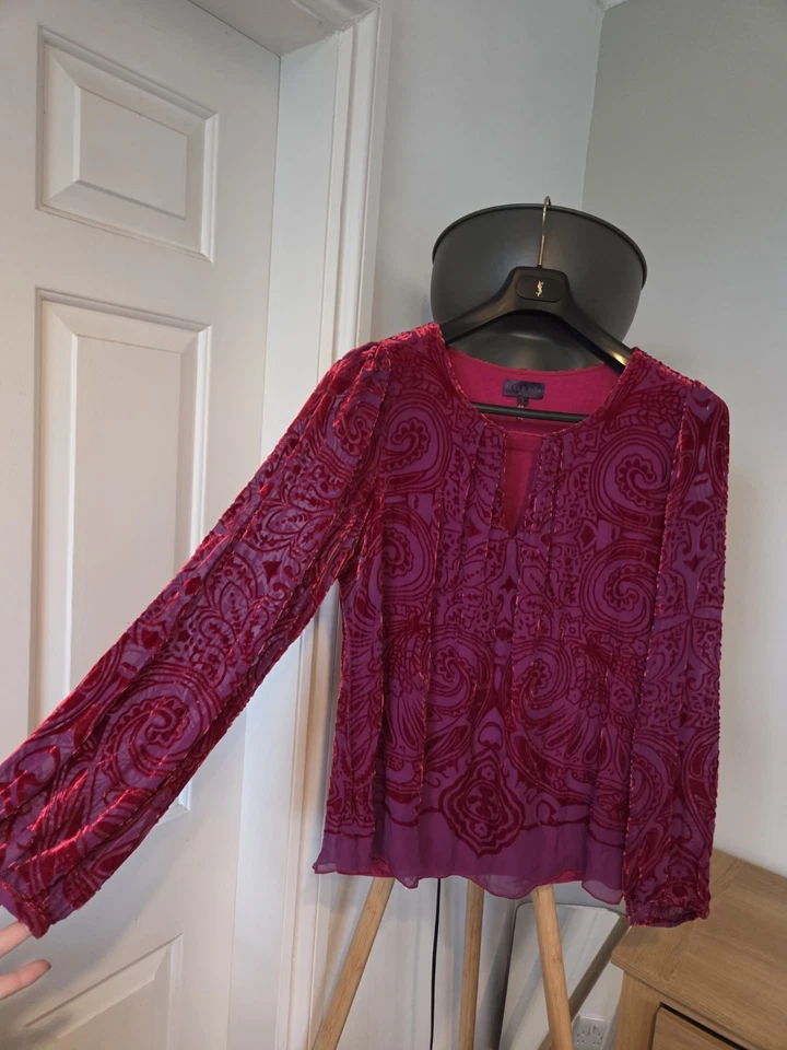 Top túnica Hale Bob LA Burn Out terciopelo floral rojo rosa mezcla seda grande boho lujo Foto 2 de 4
