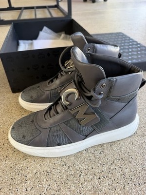 MCM Men's High Top GRAY Leather Lace-Up Sneakers Black/White Logo Pattern