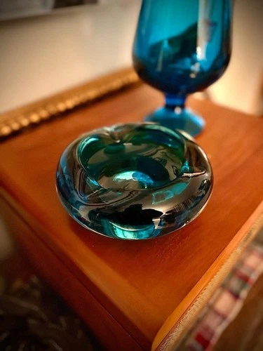 MCM Blenko Art Glass Ashtray Aqua Blue