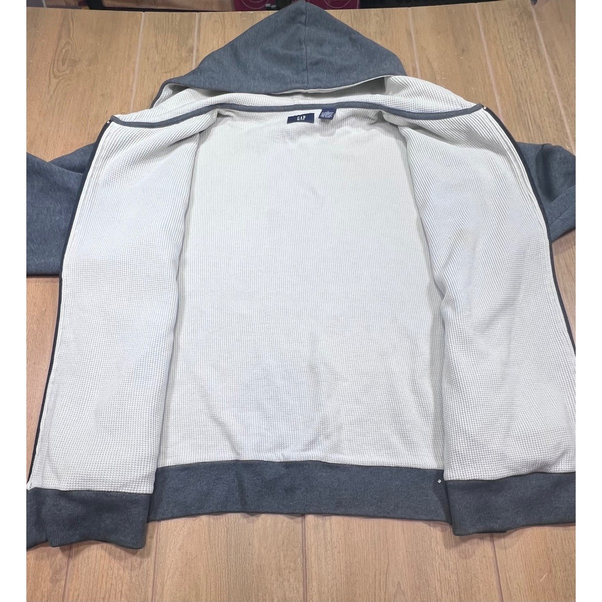 Gap Mens Vintage Thermal Lined Full Zip Hoodie Gray Embroidered 