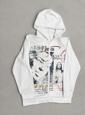 Women  s White Full-Zip Hooded Graphic Print Fleece Cotton Hoodie Size L