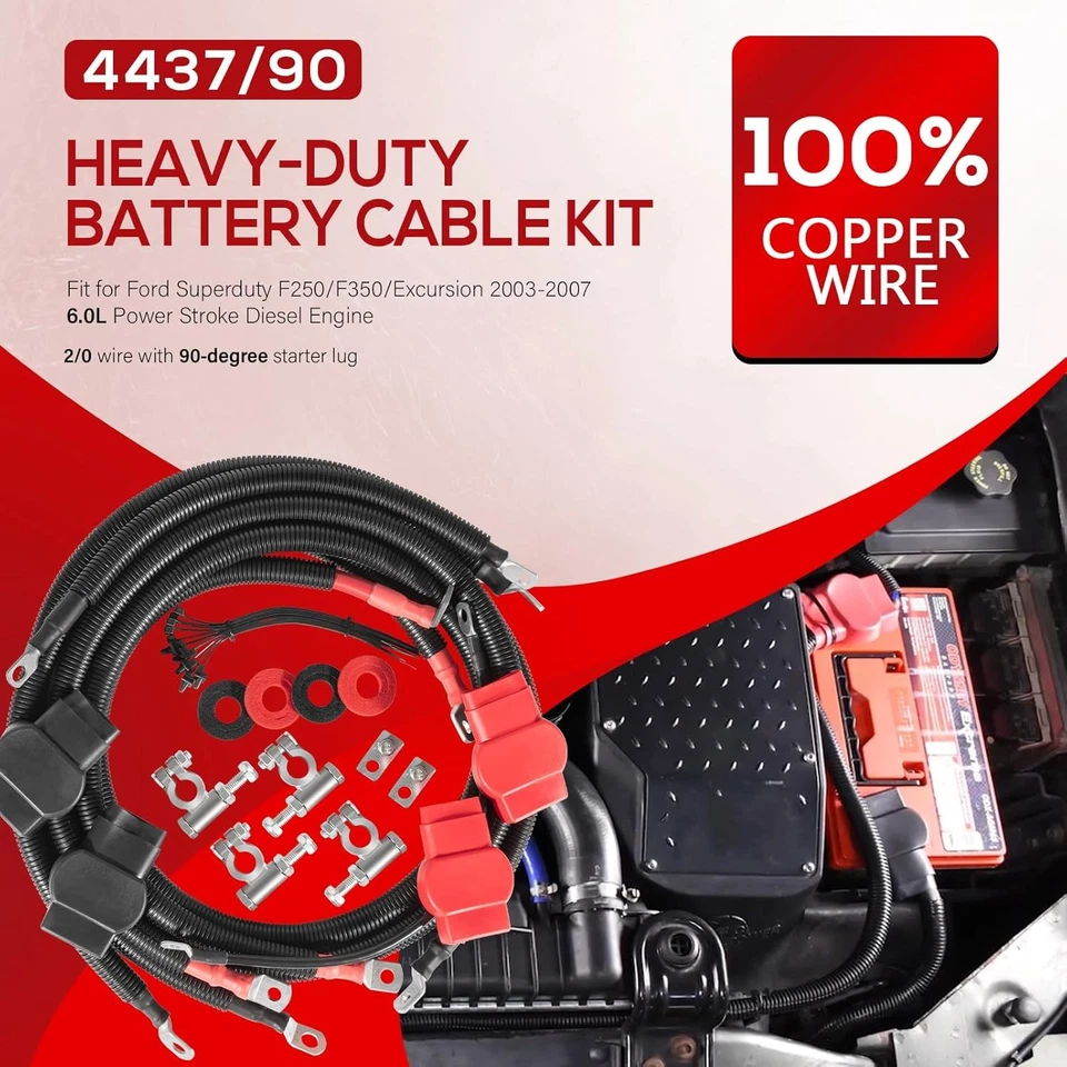 Kit de cables de batería 4437-90 para Ford Superduty F250 F350 F450 2003-2007 90 grados Foto 2 de 4
