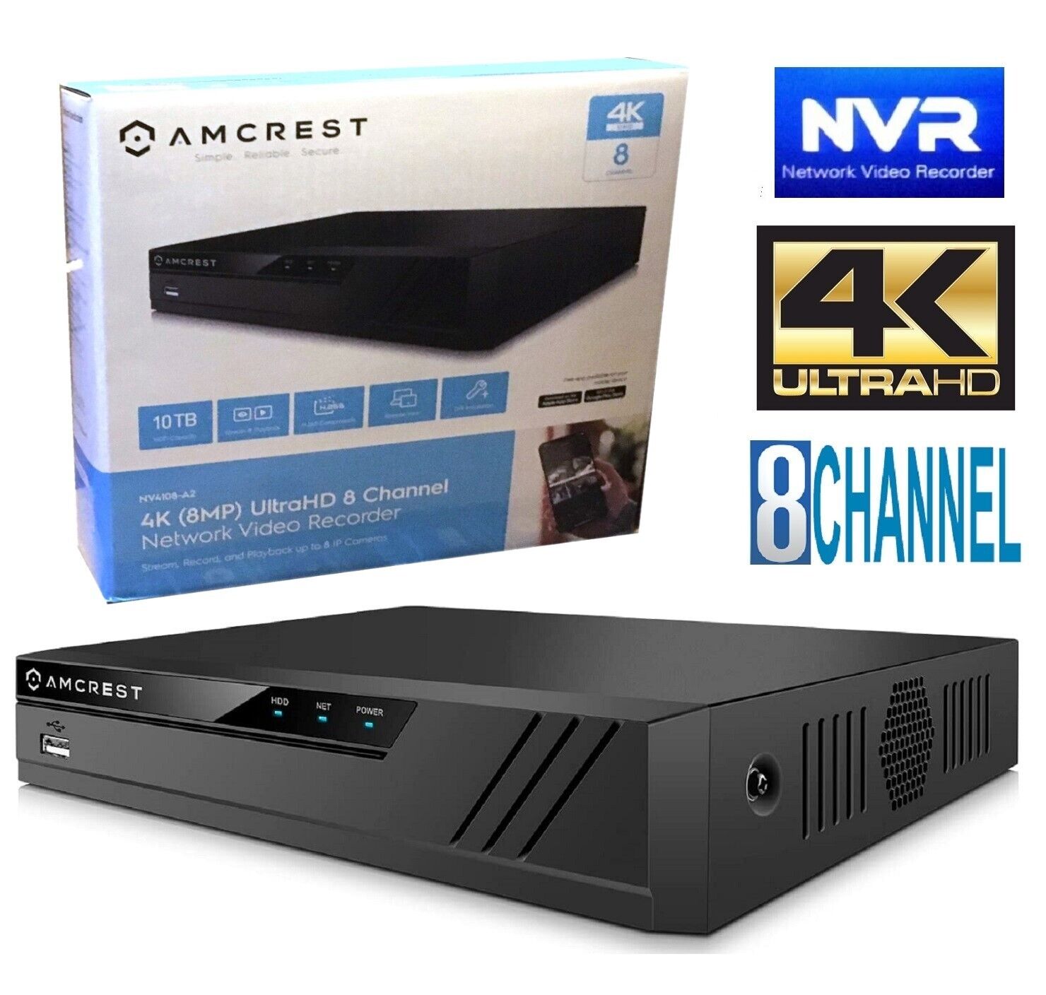 Amcrest 8-Channel NVR 4K PoE Supports (8x8MP) IP Camera -Wifi & HDD Not Included