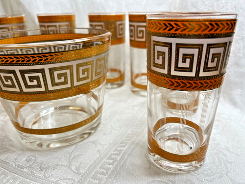 8 Vintage MCM Orange and Gold Greek Key Glasses & Ice Bucket ~ Ex Condition - Picture 2 of 14