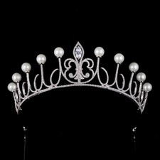 Luxury All CZ Cubic Zirconia Pearl Queen Wedding Pageant Prom Tiara Crown Adult