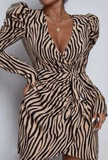 SHEIN Women's Dress Zebra Striped Gigot Sleeve Ruffle Trim Wrap Dress /medium