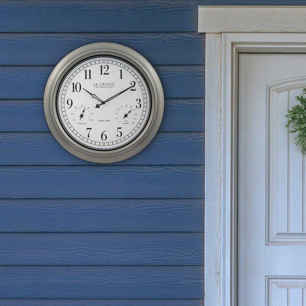 18-inch Indoor/outdoor Classic Plastic Pewter Atomic Analog Clock With Thermom