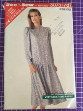 Pattern See & Sew 3075/781, misses’ drop-waist dress, petite, Sz 16-24