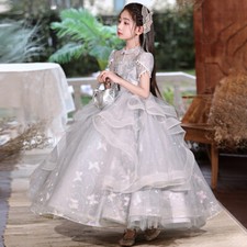 Kids Girls Ball Gown Long dress Luxury Princess Show Mesh Party Frock 10019
