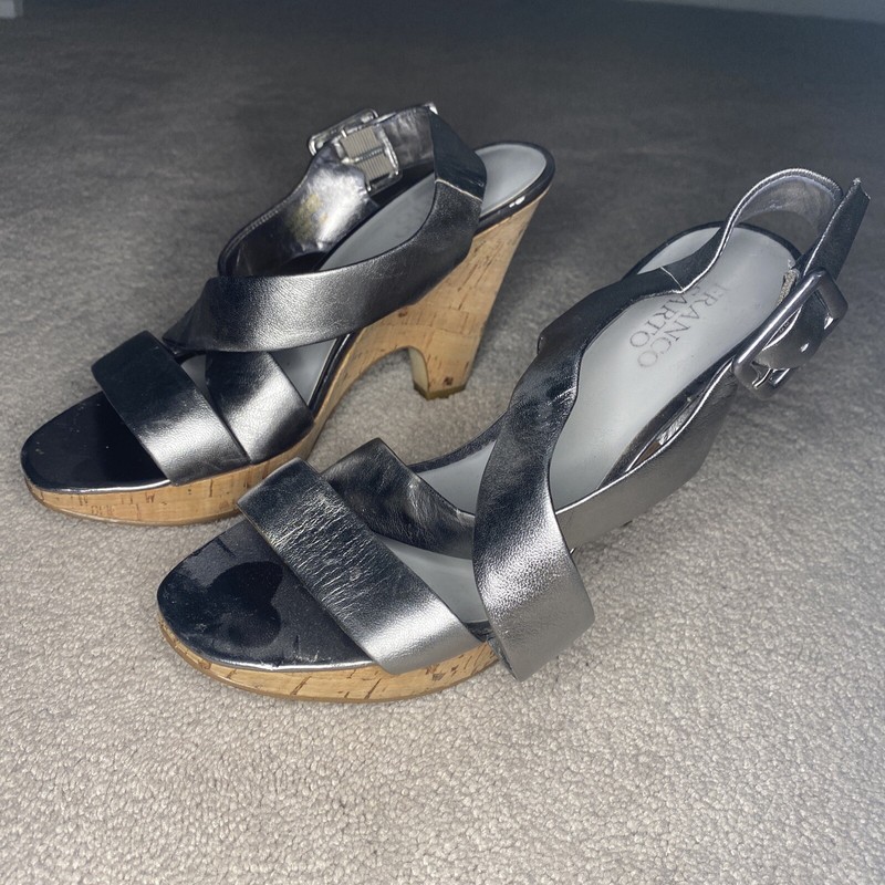 Franco Sarto Heels Womens 8 Slingback Peep Toe Metallic Wedge Pumps Silver