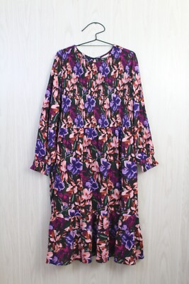 TERRA & SKY Long Sleeve Smocked Midi Dress Black Purple Pink Floral 3X  24W 26W