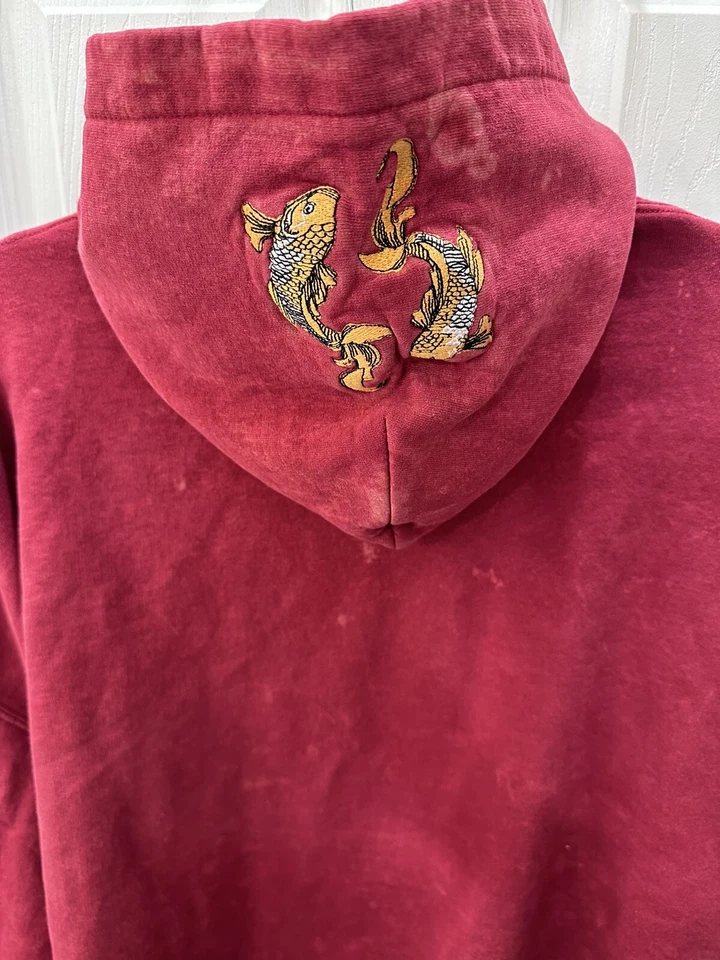 EPTM Men’s Golden Koi Y2K Distressed Graphic Maroon Skater Hoodie Size 2XL - Image 3 of 4