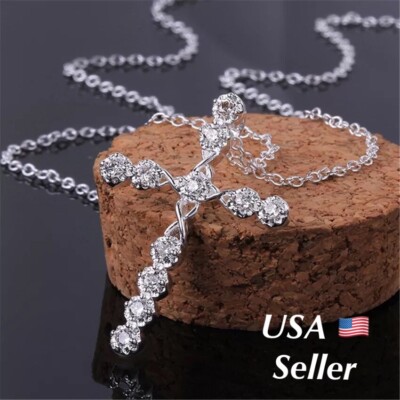 Women's 925 Sterling Silver Plated Cubic Crystal Cross Pendant Necklace ...