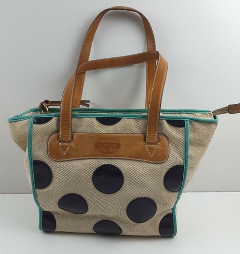 Fossil Polka Dot Canvas Leather Tote 