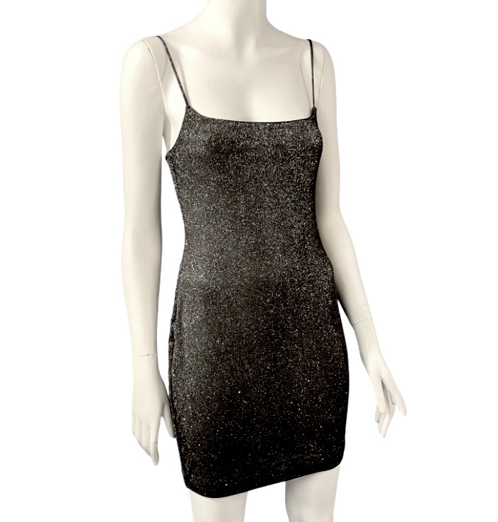 Black Mini Dress Lurex Silver Disco Club Mini Stretch Bodycon Size 10 Y2K