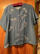 Quacker Factory-Button Down Shirt-Denim-Embroidered With Dragonflies, Size Large