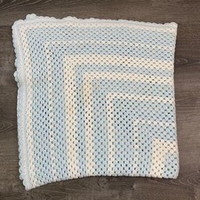 Nursery Hand Knitted Baby Blanket Pastel Blue White Square Patterned
