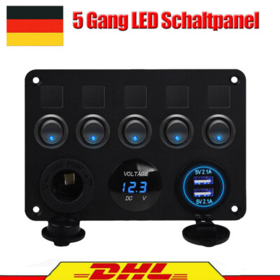 5 Gang LED Schaltpanel für Auto Boot Schalter Schalttafel Voltmeter USB 12V-24V