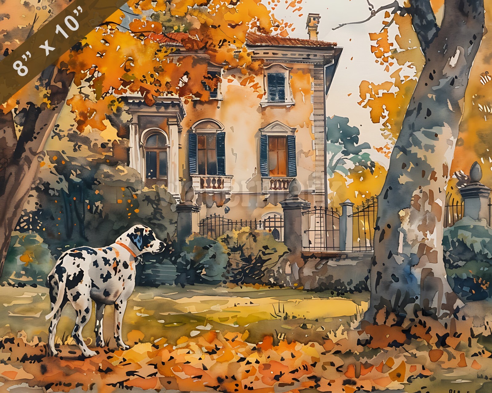 Dalmatian watercolor painting by a historic mansion 8x10 Print
