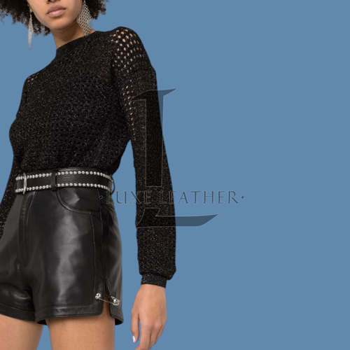 Women's Black Cargo Leather Shorts Genuine Lambskin Leather Shorts - Picture 5 of 6