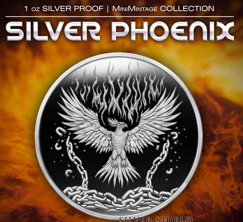 2025 - SILVER PHOENIX RISING - 1 oz .999 Fine Silver Shield MINIMINTAGE IN STOCK