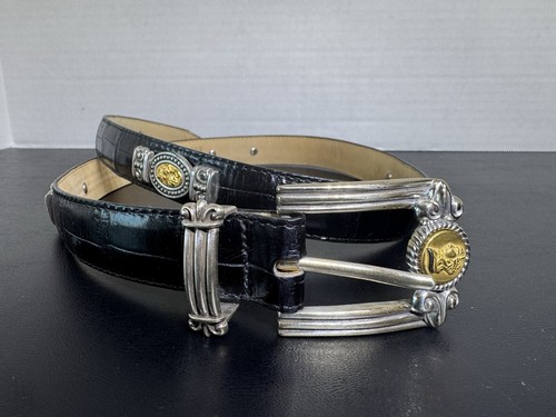 Vintage 90’s Brighton Museum Gold Silver Imperial Crown Medallion Leather Belt L - Picture 2 of 19