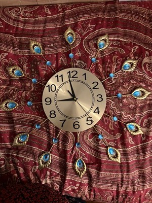 20 x20  Large Wall Clock 3D Peacock Wall Clock  blue crystal feather shapes