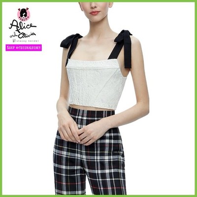 Alice + Olivia Clara Black White Lace Bow Strap Bustier Crop Top Sz 6