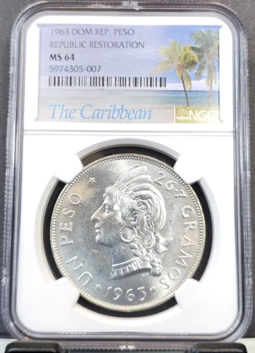 1963 DOMINICAN REPUBLIC SILVER 1 PESO NATIVE WOMAN BUST NGC MS 64 BEAUTIFUL BU
