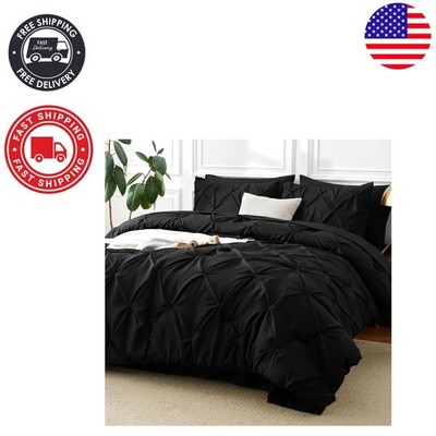 Luxury Black Pintuck Comforter Set - 7 Pieces, Queen Size Bedding Set Gift