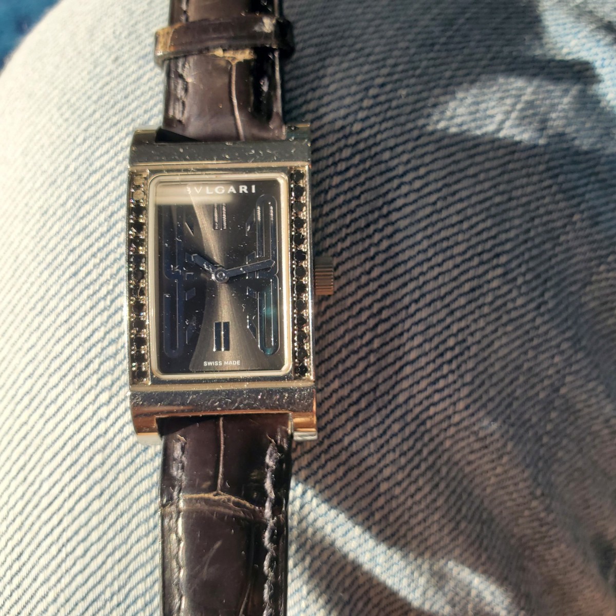 Bulgari Swiss Made Rectangular Watch - Black Dial, Black Diamonds