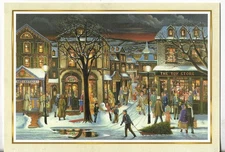 NOS LEANIN' TREE Christmas Card 6.75x4.75 Town Street Toy Store Antiques Sled