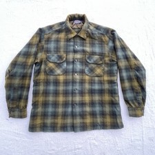 True Vintage Pendleton Board Shirt L Surf Plaid Virgin Wool Loop Collar Flannel