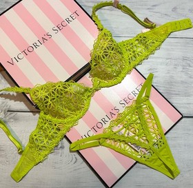 Victoria's Secret Geo Daisy Lace Unlined Low-Cut Demi Bra Thong Set Limelight