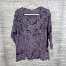 Jess & Jane Paisley Print Tunic Top Pockets Purple Womens Size XL Lagenlook Boho