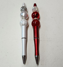 Lot of 2 Handmade Beaded Ballpoint Pens Red/White Rhinestones Black Ink
