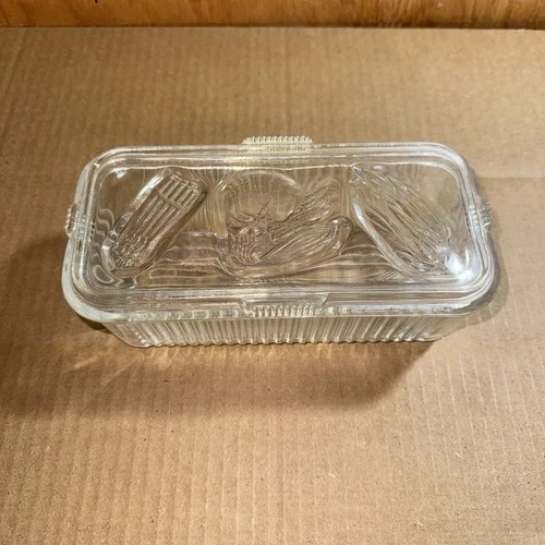 Vintage Federal Glass Clear Ribbed Refrigerator Dish Embossed Vegetable Lid