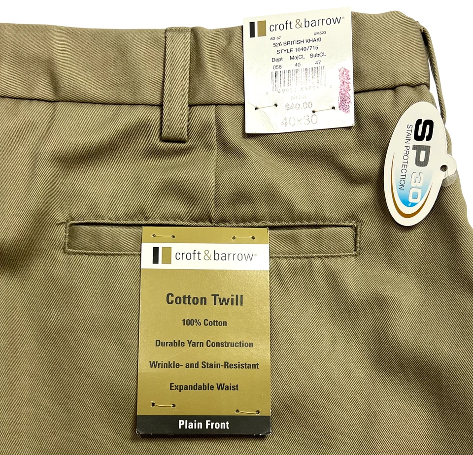 Croft & Barrow Pants Mens (40X30) Khaki 100% Cotton Twill Plain Front NWT $40 - Image 4 of 4