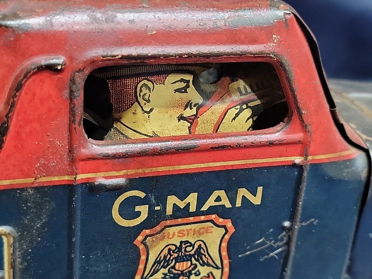 VINTAGE 1930s Louis Marx Tin Windup G-Man Pursuit Car Working