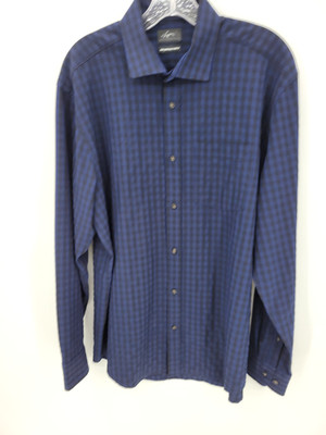 Greg Norman Shirt Mens Large Blue Black Plaid Performance Button Up Preppy