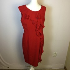 Calvin Klein Sheath Dress Size 12 Womans Red Ruffle Sleeveless Cocktail Holiday
